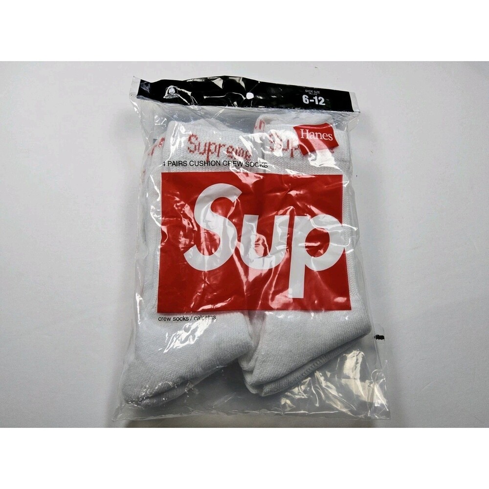 Supreme X Hanes Cushioned Crew 4 Pack Socks White Size 6-12